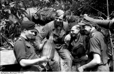 Members of the Waffen-SS in front of a camouflaged tank, France, June 1944